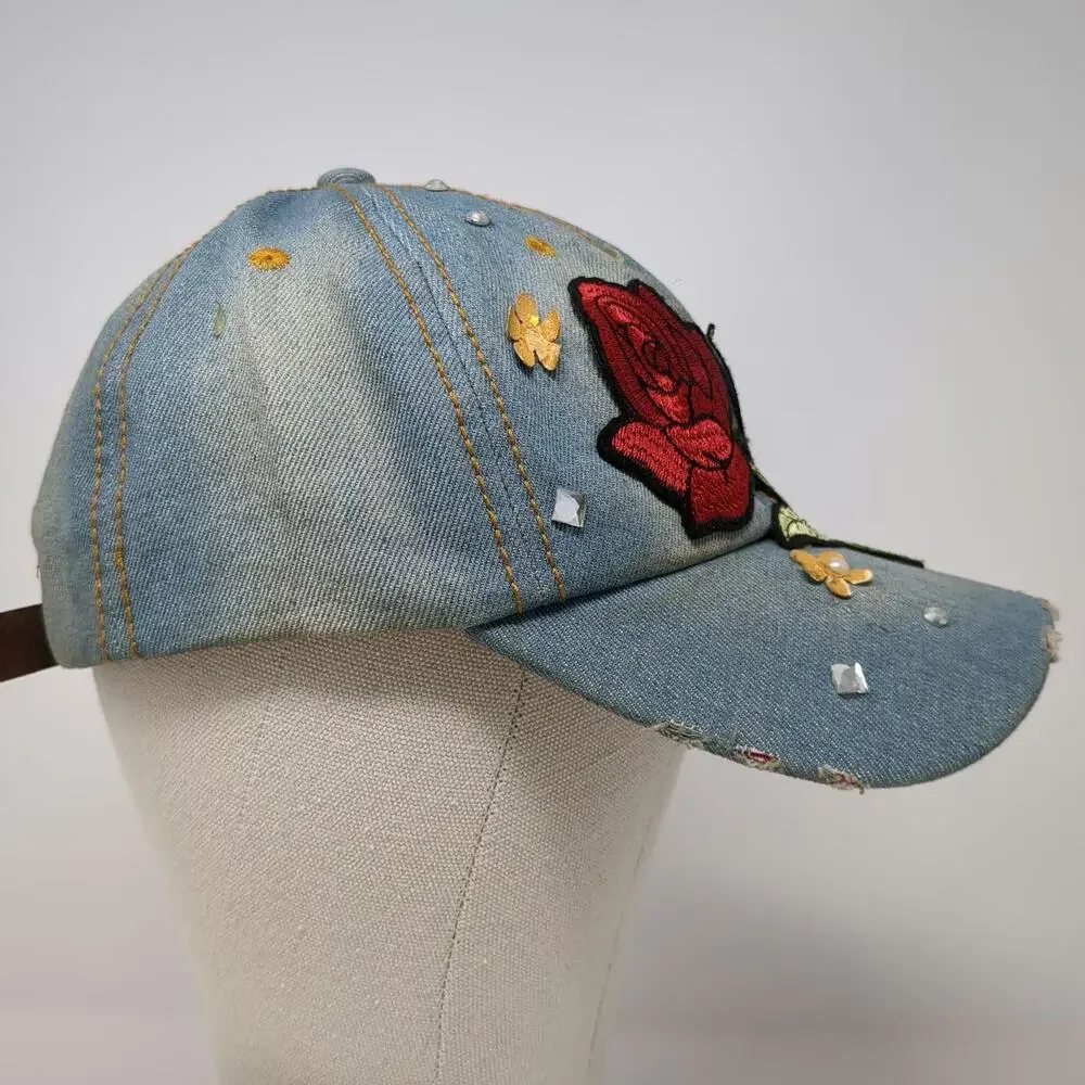 Blue Baseball Cap One Size Rose Embroidery Rhinestone Floral Stud Denim Hat
